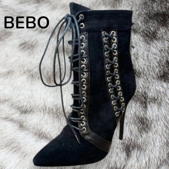 BEBO Goth Vixen Studded Lace Up Black Crushed Velevet Bootie Heels - Picture 7 of 12